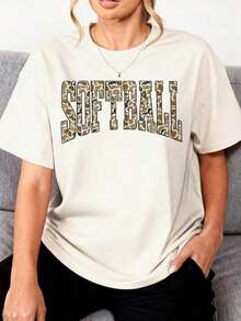 Softball T-Shirt, Camouflage Print T-Shirt, Gift For Softball Lovers, Camouflage Print Softball, School Sport, Game Day T-Shirt Design, Crew Neck, 100% Cotton, Soft Fabric, Short Sleeve - 杏色 - 查看 5