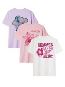 Set Of 1 Women's Short-Sleeved Round Neck T-Shirts With Colorful Letter And Flower Print, Fashionable And Versatile, Suitable For Women's Blouses, Holidays And Casual Wear In Spring - White - View 2