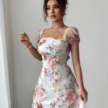 Nuevo vestido de tirantes ajustado con volantes y estampado floral retro de tipo pixelado, elegante y bonito, para primavera/verano - Rosa - Ver 3