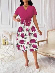 Vestido de mujer con cuello en V y cinturón, manga corta, vestido largo de verano para mujer - Rosa Fucsia - Ver 3