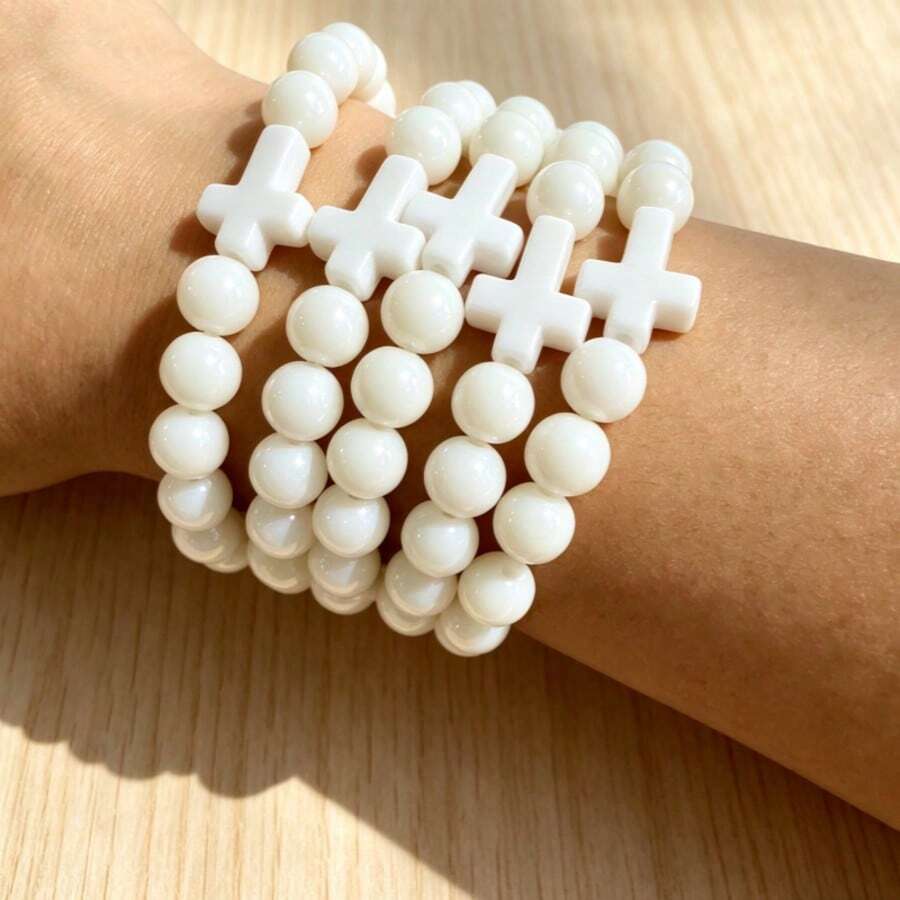 1pc 8MM Natural Stone Cross Healing Bracelet, Gift For Christians And Prayer - White Turquoise - View 1