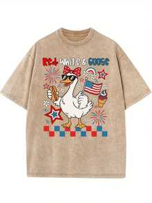Men's & Women's Vintage Washed Cotton T-Shirt For Women With Modern Print - 230g Thick Cotton, Round Neck, Short Sleeves, Vintage Street Style, Machine Washable, Suitable For Casual Spring And Summer Wear, Loose Fit. - 咖啡色 - 查看 6