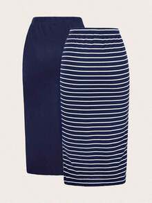 2 piezas Conjunto de falda casual de mujer a rayas y de unicolor, Conjunto a juego, Falda, Faldas para mujer, Falda a rayas, Casual - Azul - Ver 7
