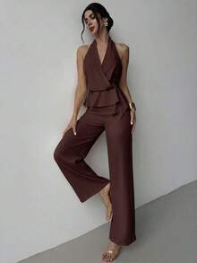 de dos piezas de top sin mangas con cuello en V asimétrico elegante y romántico, y pantalones rectos holgados de color caqui, adecuado para verano, playa, vacaciones - Café integral - Ver 3