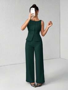 PETITE Conjunto de chaleco y pantalones de un solo pecho de unicolor con cuello redondo, elegante traje de oficina para mujer, ropa de mujer de verano y otoño, conjunto de oficina, ropa casual de negocios, conjunto de dos piezas, ropa de oficina de otoño para mujer, conjunto de blazers para mujer - Verde Oscuro - Ver 8
