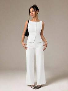 PETITE Conjunto de chaleco y pantalones de un solo pecho de unicolor con cuello redondo, elegante traje de oficina para mujer, ropa de mujer de verano y otoño, conjunto de oficina, ropa casual de negocios, conjunto de dos piezas, ropa de oficina de otoño para mujer, conjunto de blazers para mujer - Blanco - Ver 4