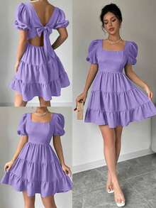 Vestido de verano, primavera y playa, elegante y romántico, para conciertos, estilo bohemio con mangas abultadas, espalda descubierta, lazo, para vacaciones, tiempo libre y viajes, con volantes en el bajo, color caqui, nuevo modelo 2025 - Morado - Ver 2