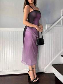 Vestido de tirantes de malla degradado elegante para mujer, de verano - Morado - Ver 4