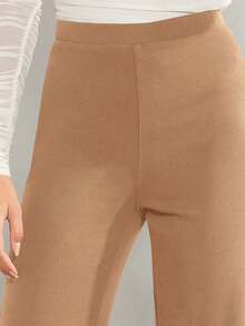 Pantalones de pierna ancha unicolor de talle alto - Camel - Ver 4