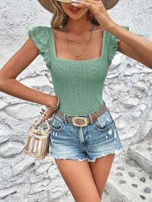 VCAY Camiseta De Mangas De Mariposa Con Cuello Cuadrado Y Bordado De Ojales, Camisa De Mujer - verde menta - Ver 6