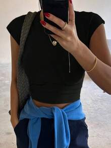 Top corto y ajustado de unicolor de verano para mujer, camiseta informal empresarial - Negro - Ver 2