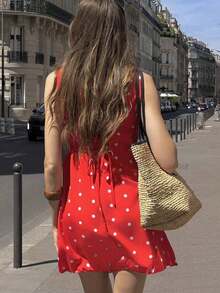 Vestido corto sin mangas con estampado de lunares, informal y de vacaciones - Rojo - Ver 2