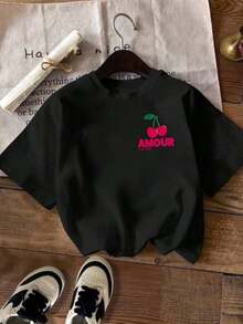 A Women's Casual Style T-Shirt With Cherry Print, Urban Style Short Sleeve T-Shirt, A Lovely Blouse For Summer, With A Holiday Vibe, Accented In Red. - 黑色 - 查看 2