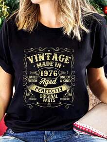 Vintage 1976 T-Shirt Made Or Born In 1976 With Original Parts, 100% Cotton, Breathable And Comfortable Fit, Short Sleeve And Round Neck For All Seasons - Black - View 6