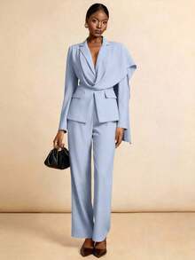 Conjunto casual de blazer y pantalones de unicolor con cuello entallado para ir al trabajo - Azul - Ver 5