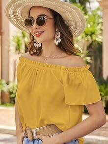 Blusa de hombros descubiertos ribete fruncido - Mostaza Amarilla - Ver 3