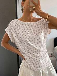 Camiseta de manga corta ajustada con hombros descubiertos y fruncidos a rayas para mujeres - Blanco 2 - Ver 1
