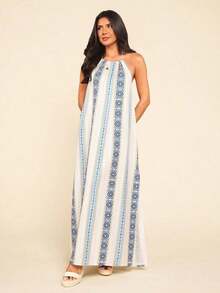 Vestido con estampado, corte con abertura alta, espalda descubierta, atar al cuello y flecos para mujer, vacaciones - Azul y blanco - Ver 4