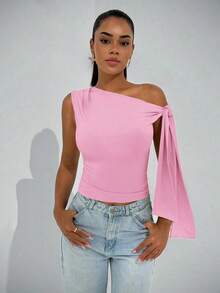 Elegante blusa de mujer con hombros asimétricos y cuello con lazo, adecuada para citas casuales, fiestas nocturnas, uso diario, otoño - Rosa Pálido - Ver 4