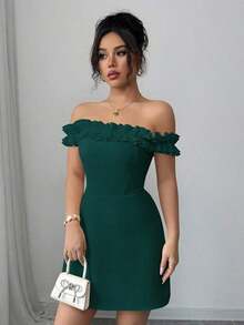 Vestido romántico con hombros descubiertos y volantes en la cintura para mujeres - Verde Oscuro - Ver 3