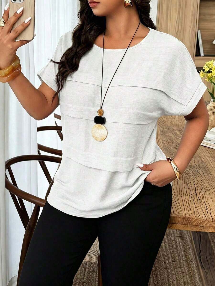 Blusa holgada de mujer talla grande con cuello redondo, mangas de murciélago y lunares en contraste, adecuada para uso diario y vacaciones, primavera/verano - Blanco - Ver 1