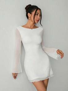 Vestido de malla con mangas de trompeta y espalda descubierta, nuevo y sexy para principios de otoño - Blanco - Ver 4