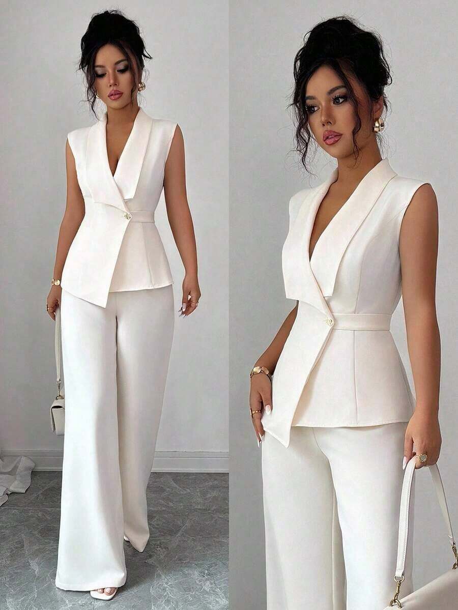 Conjunto de oficina elegante para mujer, compuesto por una chaqueta blazer sin mangas con cuello y bajo asimétrico, con hebilla metálica en la cintura, combinada con pantalones de cintura elástica.Conjunto de 2 piezas elegante para primavera/verano, atuendo formal y de clase para mujer. - Albaricoque - Ver 1