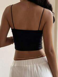 Top camisola ajustado y plisado de unicolor minimalista para uso casual y diario, verano - Negro - Ver 5