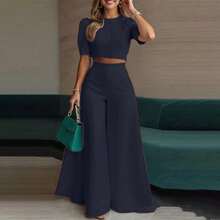 Elegant Spring Outfit For Women, Short Button-Down Blouse And Flared Trousers, Fashionable Style - Blue - View 4