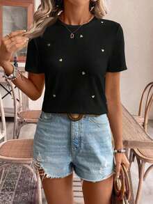Frenchy Camiseta casual de manga corta para uso diario con corazón bordado en hilo dorado para mujer, camiseta de verano para mujeres con atuendo de fiesta de té de algodón, parte superior bordada, camiseta de algodón para mujeres.Tops de verano - Negro 2 - Ver 5