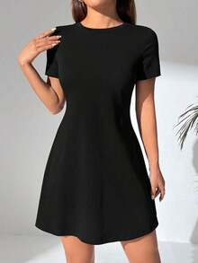 Vestido De Mujer A-línea Con Mangas Cortas - Negro - Ver 4