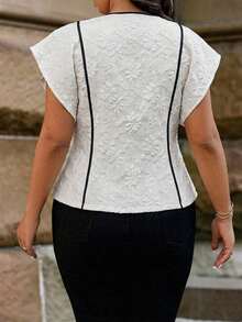 Camisa elegante de mujer talla grande con cuello en V, bajo asimétrico, diseño de rayas y parches, con encaje transparente en la parte delantera, adecuada para uso diario, oficina y citas, primavera/verano - Albaricoque - Ver 2