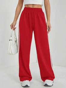 Pantalones casuales con rayas laterales negras, de estilo simple y de moda para uso diario, graduación, maestros y vuelta al colegio para mujeres - Rojo - Ver 9