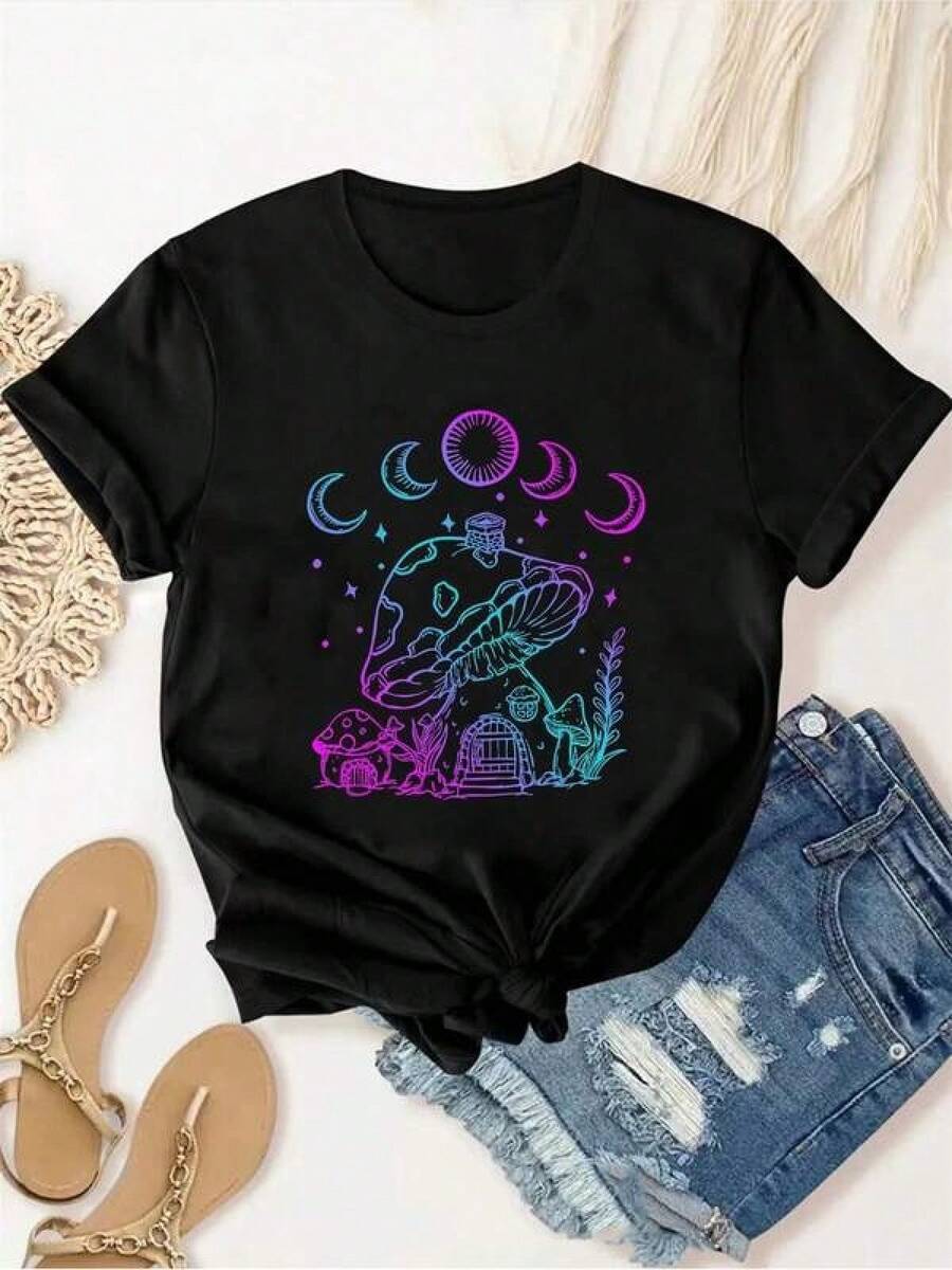 1 Piece Unisex Casual T-Shirt Style Unique And Modern T-Shirt With Vibrant Mushroom And Cosmic Design Ideal For Y2k Style Lovers Perfect For Any Occasion Stands Out For Its Originality And Colorful Dare To Wear It And Be The Center Of Attention At Every Event. - 黑色 - 查看 1