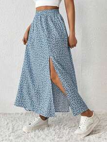 Falda De Verano Para Mujeres Con Estampado Floral Pequeño Y Abertura De Muslo - Azul - Ver 4
