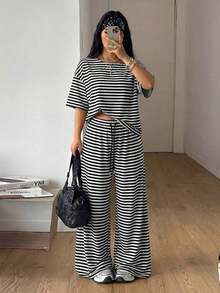 Conjunto de dos piezas de camiseta hombros descubiertos y pantalón ancho de chándal para mujer talla grande, minimalista, ropa de calle, uso diario, salir, deporte, cómodo - Blanco y Negro - Ver 11