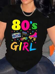 Women's 80s Graphic T-Shirt - Short Sleeve, Crew Neck, Casual Retro Accessory Design T-Shirt, All Season Top, Regular Fit, Vintage Style, Fun Print T-Shirt, Comfortable Fit, Women's Clothing - 黑色 - 查看 6