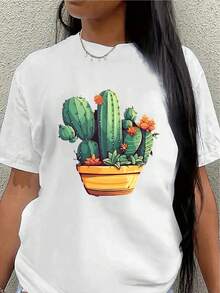 This Short-Sleeved Polyester T-Shirt, Decorated With A Cactus Print, Is Lightweight And Durable, Suitable For Home, Office, Or Casual Outdoor Wear. The Vibrant Plant Pattern In A Yellow Pot Adds A Comfortable And Stylish Touch To Everyday Outfits. - 白色 - 查看 1