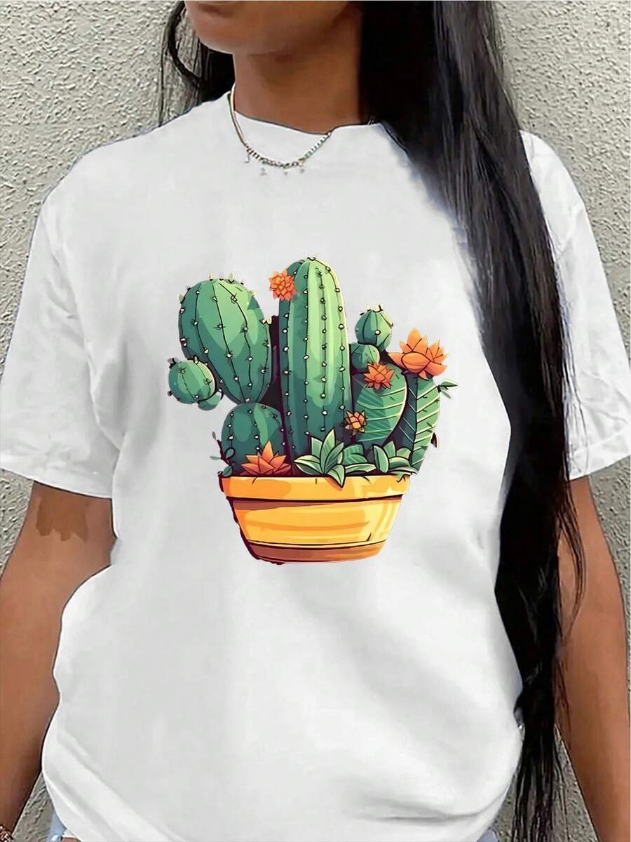 This Short-Sleeved Polyester T-Shirt, Decorated With A Cactus Print, Is Lightweight And Durable, Suitable For Home, Office, Or Casual Outdoor Wear. The Vibrant Plant Pattern In A Yellow Pot Adds A Comfortable And Stylish Touch To Everyday Outfits. - 白色 - 查看 1