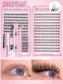 MEM 168 piezas Kit de extensión de pestañas naturales con rizo D, Set de 168 piezas de racimos de pestañas, Extensión de pestañas delicada de 9-12MM, Extensión de pestañas personal con adhesivo, pegamento sellador y pinzas para extensión de pestañas, Hazlo tú mismo en casa - Negro - Ver 2