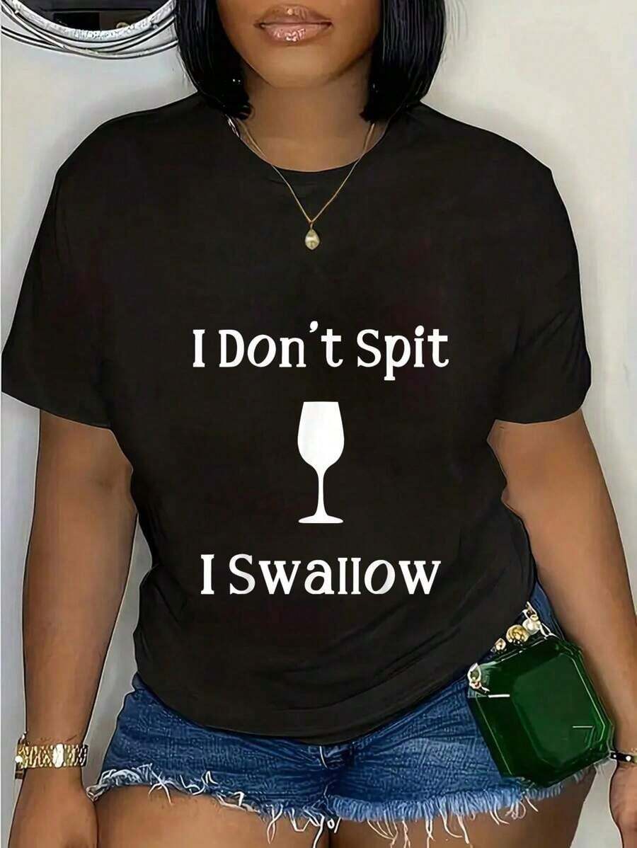 Camiseta de Algodón Estilo Vintage con Estampado de Lema de Lisboa, 100% Algodón, Divertida con Chiste de Beber Vino: "No escupo, trago", para el Verano y Uso Diario - Negro - Ver 1