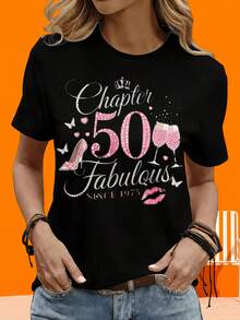 Women's Short-Sleeved T-Shirt, For Outdoor And At-Home Leisure, 220g. Women's Birthday T-Shirt With A Crown, High Heel, And Wine Glass Design, Ideal For Celebrating A 50th Anniversary. Gift For Parties And Outdoor Holidays. - 黑色 - 查看 5