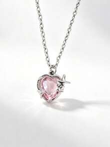 1 chiếc vòng cổ Peach Galaxy với mặt dây chuyền hình trái tim pha lê, kiểu dáng choker đa năng. - Trái tim hồng - Xem 7