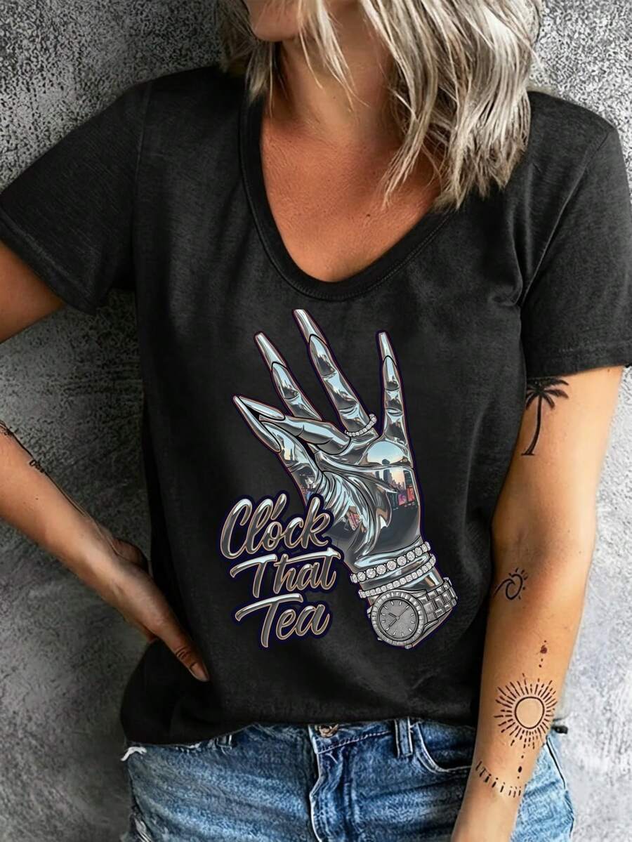 Camiseta de Moda de Verano Mexicana para Mujer, Camiseta de Mujer, Manga Corta de Moda, Cómoda y Transpirable, para Fitness y Viajes de Ocio, Pulseras de Metal con Diamantes. Camiseta de Algodón, Moda Verano. - Negro - Ver 1