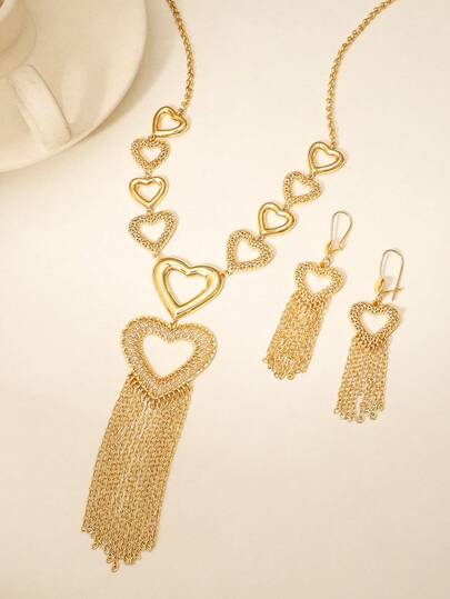 Set de 3 piezas de collar con borla en forma de corazón, aretes - Joyería vintage de declaración en color dorado para mujeres, regalo para Eid, boda y fiesta
