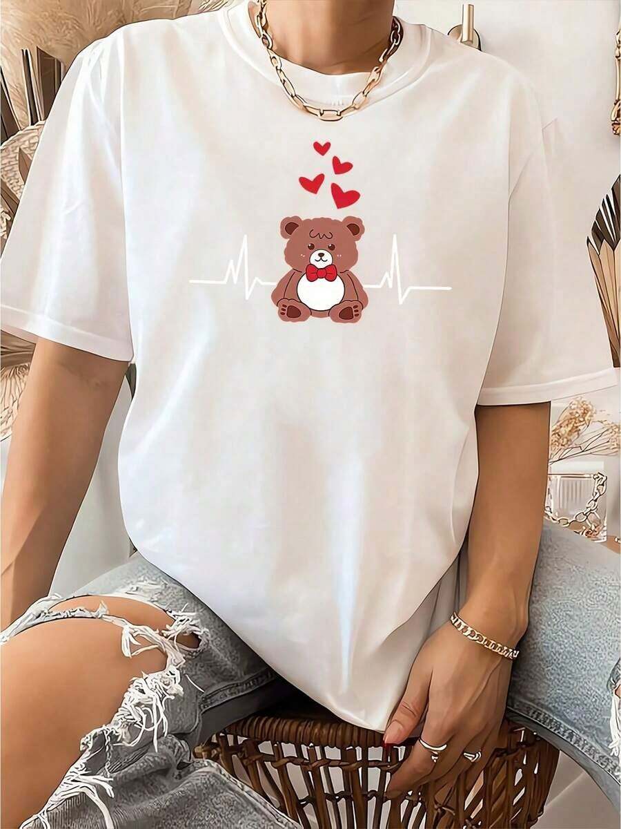 Camisetas Gráficas para Mujer, Manga Corta con Estampado de Corazón y Oso, Cuello Redondo, Estilo Casual, Elegante y Romántico para el Verano, a la Moda para el Trabajo, Vacaciones y Uso Diario, Top Casual Versátil, Disponible en Múltiples Colores, 100% Algodón, Estilo Urbano Vintage de Verano, Camiseta Unisex de Manga Corta y Cuello Redondo de Algodón, blusas para mujer. blusas.blusas casuales para dama.Impresión de osos cariñosos.Camiseta estampada Impresión de osos cariñosos. - Blanco - Ver 1