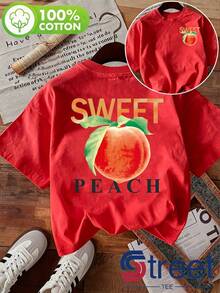 High-End Printed T-Shirt For Women, Sweet, Vibrant And Youthful Peach Print, For Daily/Summer Wear, Double-Sided Print On The Front And Back, Simple And Modern Design, Breathable Summer Casual Wear, Unisex. - 紅色 - 查看 12