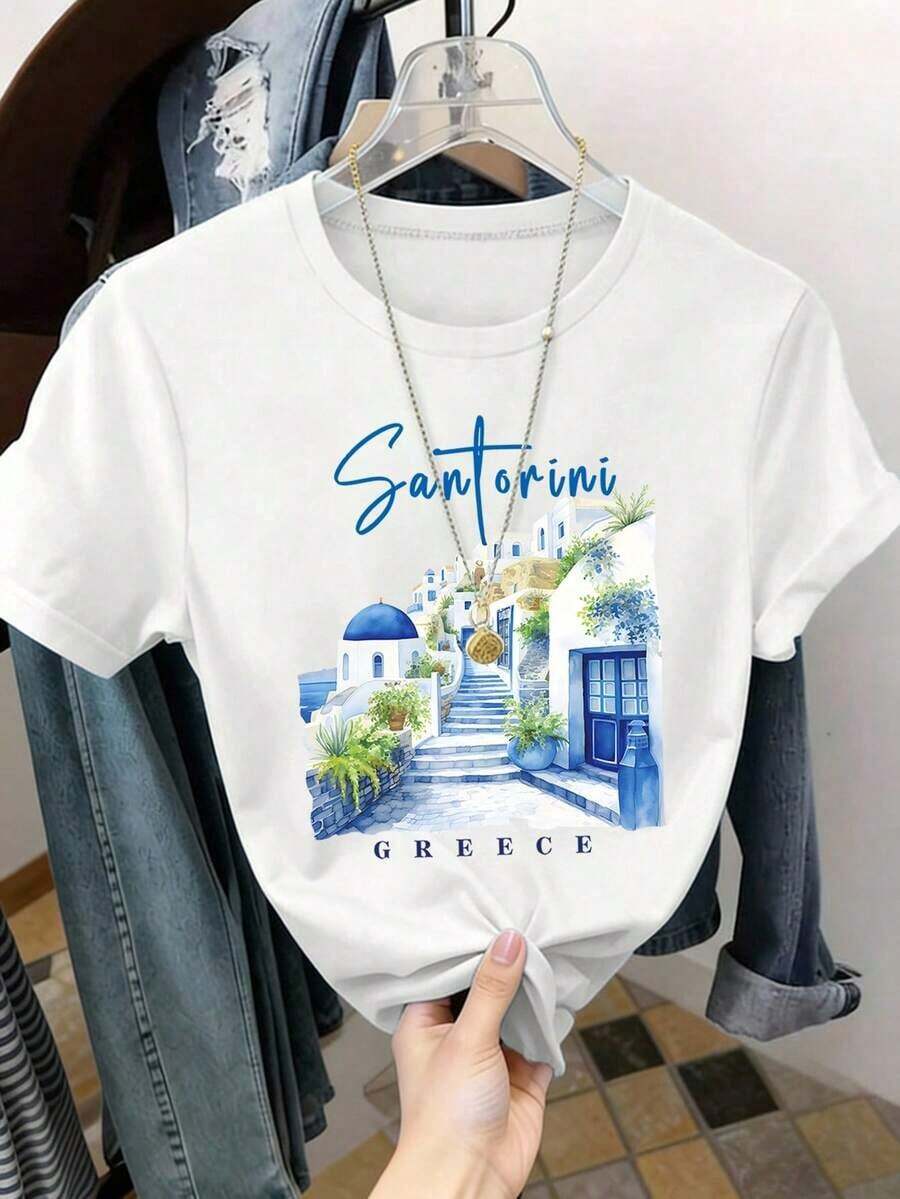 Women's Santorini, Greece Printed T-Shirt - White, Short Sleeve, Crew Neck, Casual, With Blue Dome Roofs And Foliage Design, Lightweight, Spring/Summer Travel Souvenir, Bachelorette Party Gift, Spring Casual Wear | Vibrant Design T-Shirt - 白色 - 查看 1