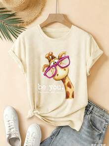 Camiseta de Verano de Alta Gama para Mujer, Camiseta de Manga Corta con Diseño Novedoso, Estilo Deportivo Casual con Cuello Elástico, 100% Algodón, Estampado de Jirafa con Gafas Adorables, Crea Tu Propio Estilo, Top Casual Artístico, Moda Sencilla y , Éxito de . - Albaricoque - Ver 12