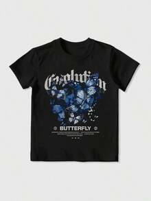 Men's Short-Sleeved T-Shirt With A Stylish Dark Blue Butterfly Print, Modern And Casual, Basic T-Shirt - Relaxed And Comfortable, Short Sleeve, Round Neck, Women's T-Shirts, Top. Suitable For Spring, Summer And Autumn - 黑色 - 查看 6